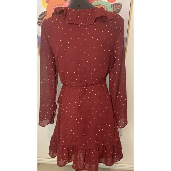 LA VIE BOHEME Burgundy Polka Dot Long Sleeve Frill Wrap Dress Sz 6 - Picture 8 of 9